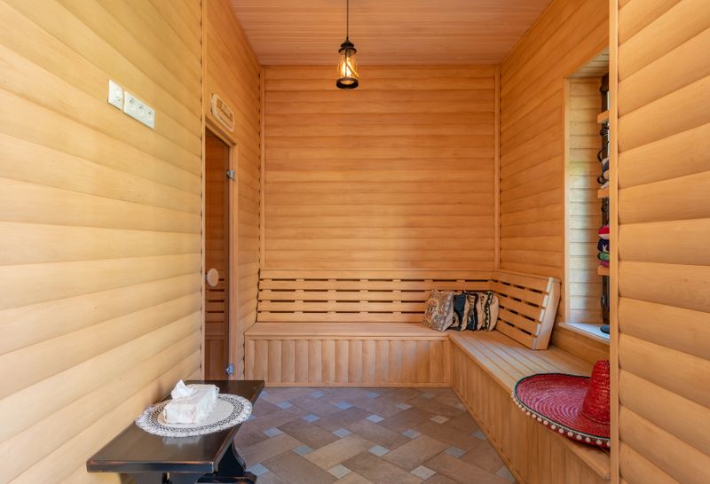 Warm wooden benches inside a sauna