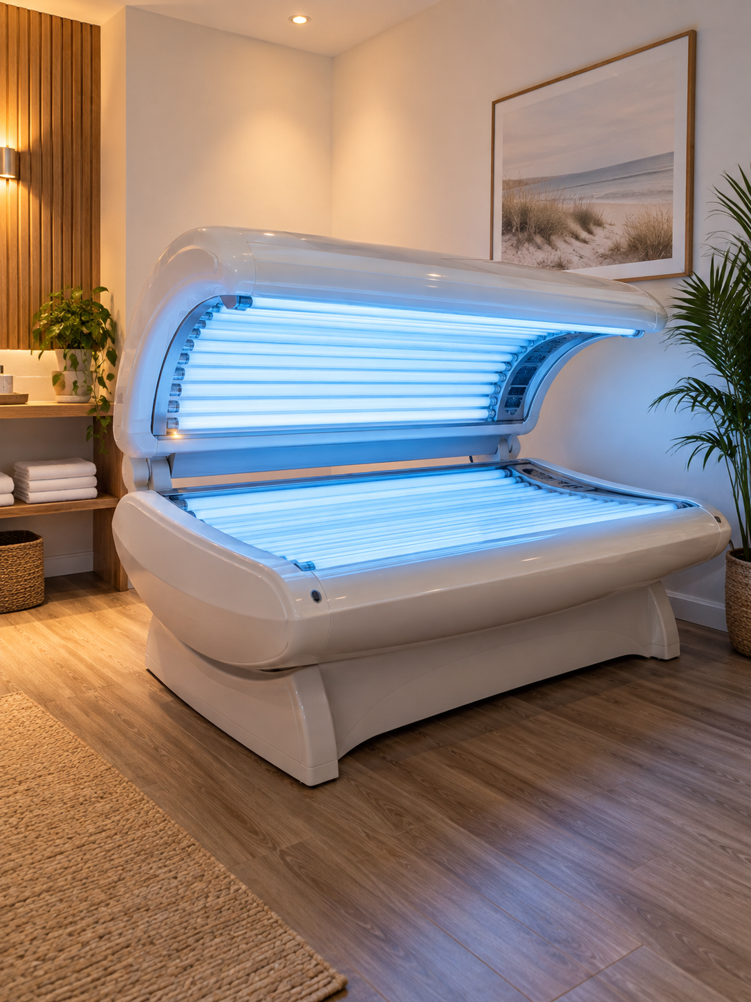 Modern tanning bed in a studio treatment room