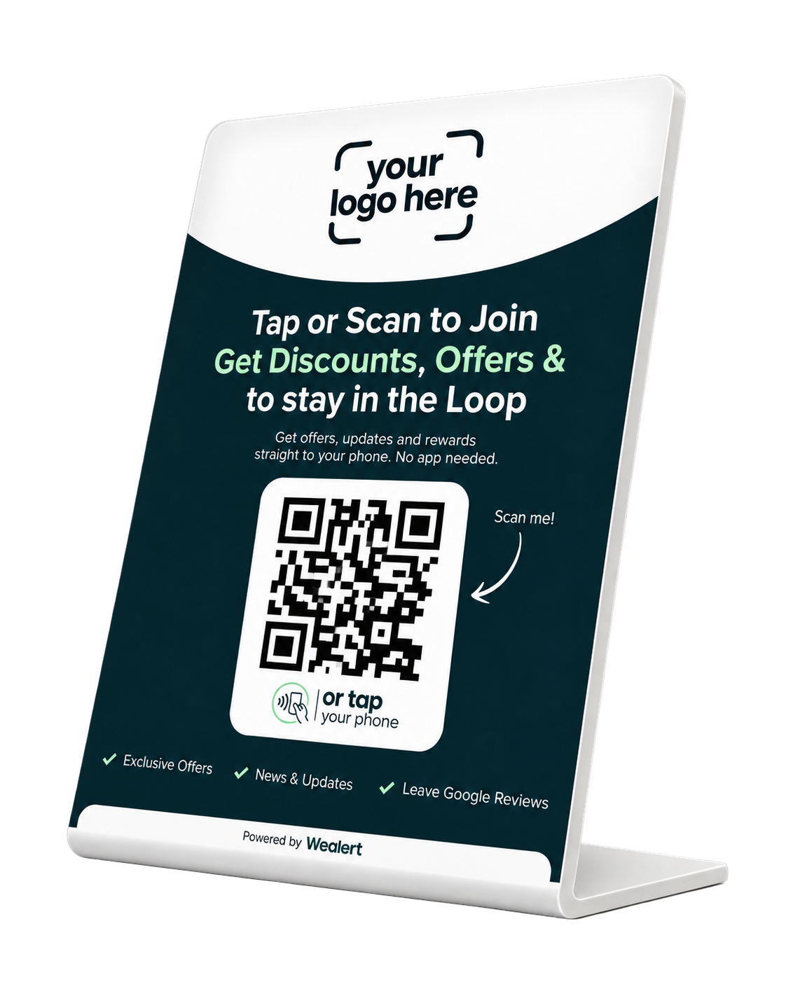 WeAlert countertop sign with a QR code and NFC tap to join, receive offers and leave reviews